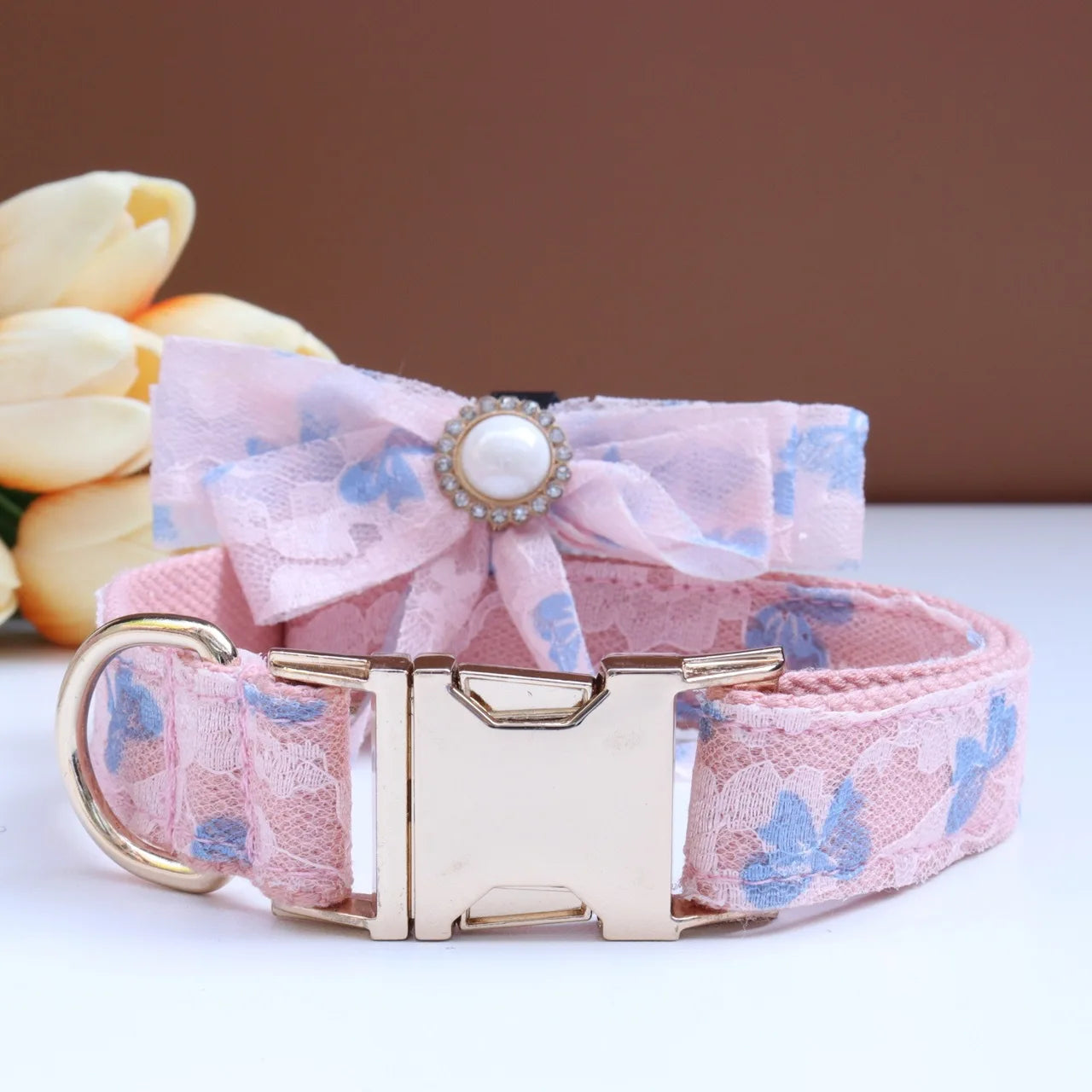 Luxury Pearl Personalized  Dog Collar and Leash Set, Lace Bowtie with Rhinestone Sparkle, Elegant Puppy Girl Pet Necklace