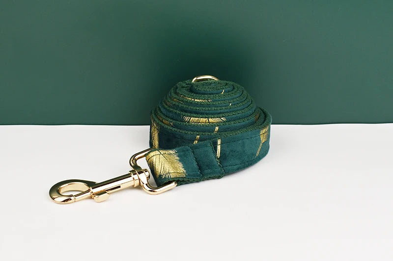 Green feather velvet  Personalized Dog Collar, Leash & Harness Set