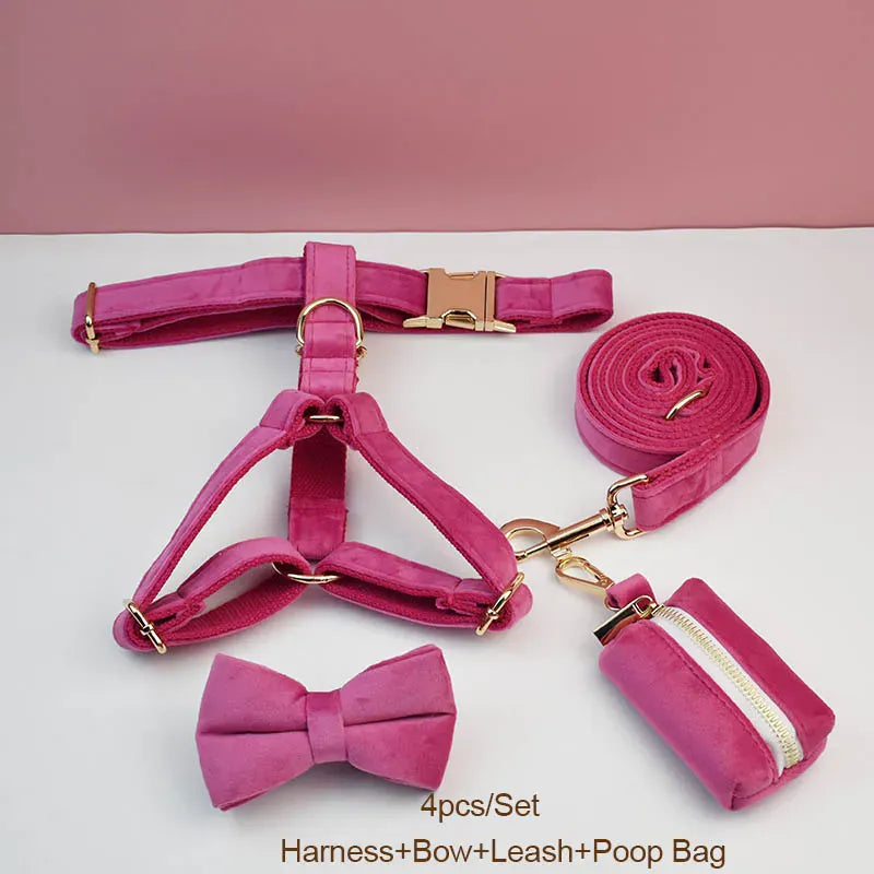 Rose Red Velvet Dog Collar Leash and Harness Set