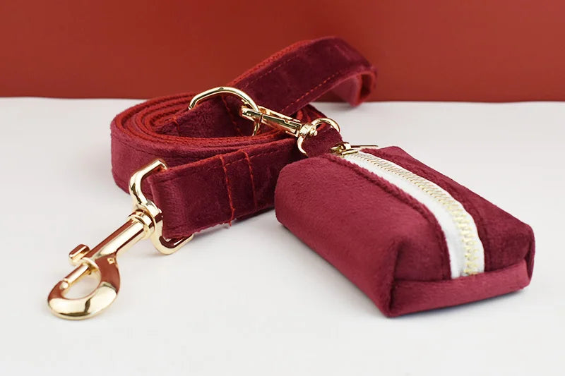 Red Wine Velvet Personalized Dog Collar, Leash & Harness Set