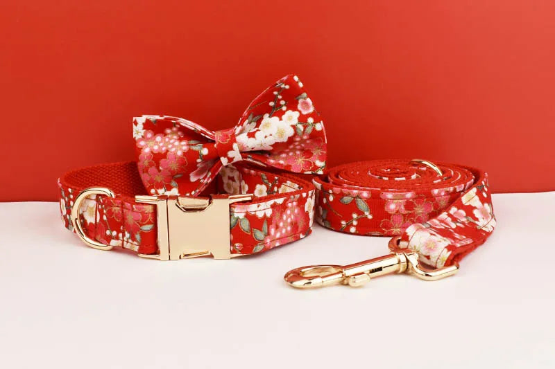 Customized Designer Red Soft Cotton Personalized Dog Collar Leashes Harness Bow Set Flowers