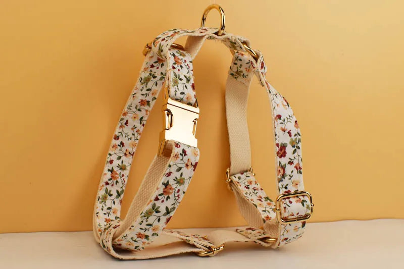 Luxury Flower Soft Cotton Personalized Dog Collar, Leash & Harness Set