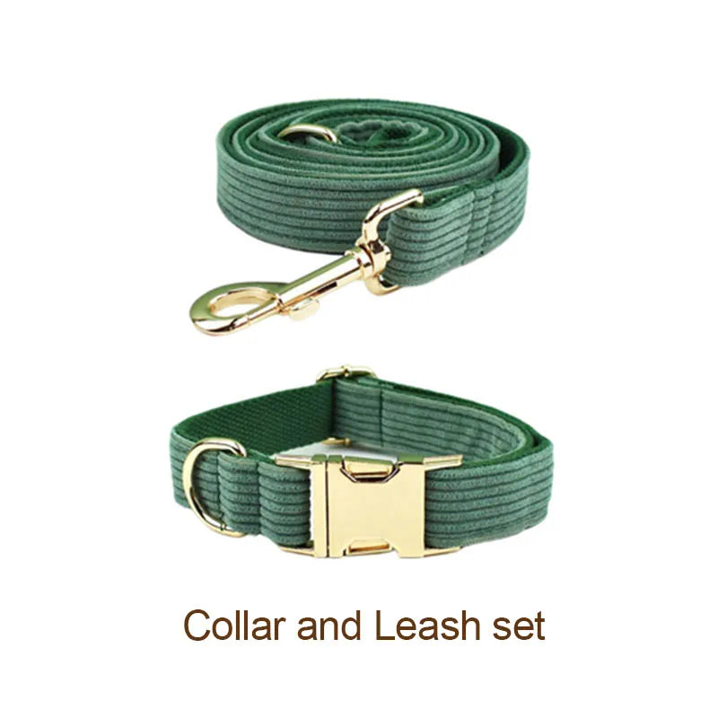 Dark Green Corduroy Personalized Dog Collar, Leash & Harness Set