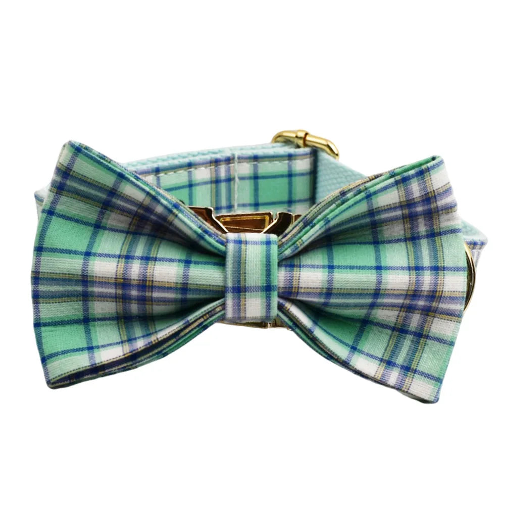 Multi Plaid Personalized Dog Bowtie Collar, Leash Set And Harness Set - Engravable Best Gift For Dog Lover