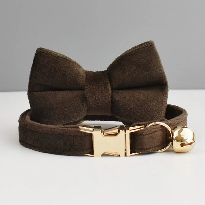 Velvet Cat Collar Luxury Cat Collar Personalized with Name Plate Bell Bow tie