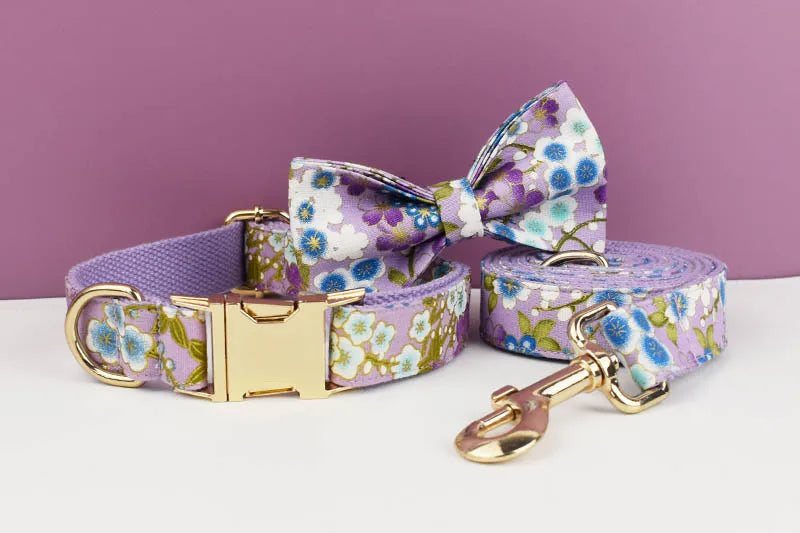 Purple Soft Cotton Personalized Dog Collar, Leash & Harness Set