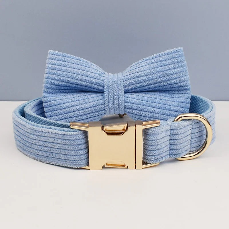Blue Corduroy Personalized Dog Collar, Leash & Harness Set