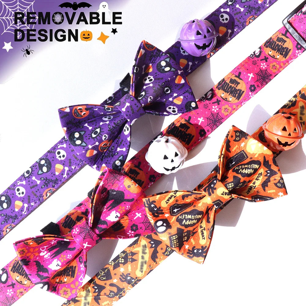 Luxury Small Dog Collar, Personalized Halloween Printed Cotton Collar, Organic Pattern with Rivet Decoration