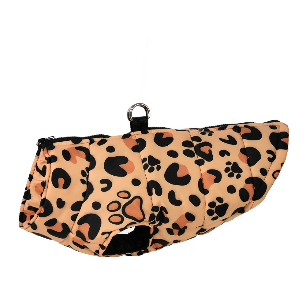 Leopard Print Winter Dog Jacket – Warm, Windproof & Stylish with D-Ring Design