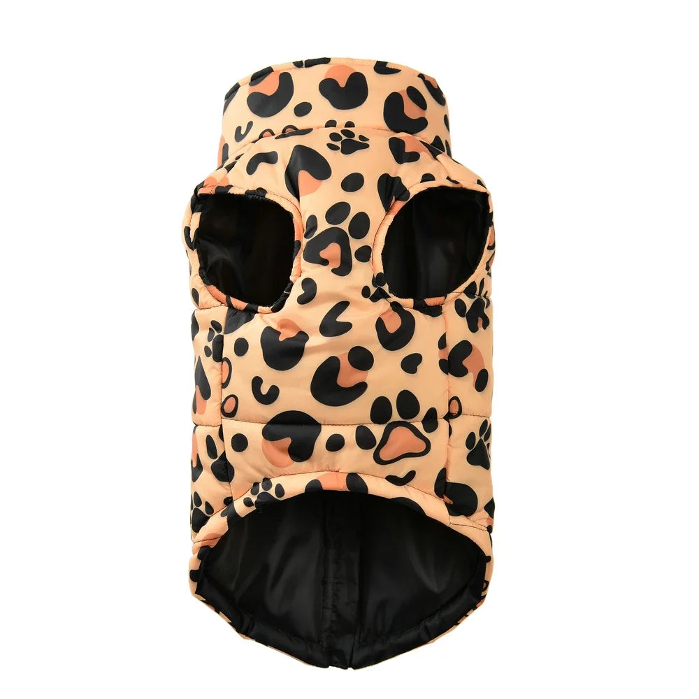 Leopard Print Winter Dog Jacket – Warm, Windproof & Stylish with D-Ring Design