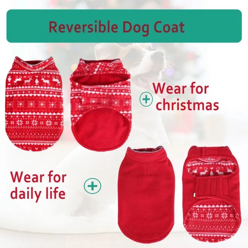 Reversible Christmas Dog Jacket – Double-Layer Fleece Winter Coat for Small, Medium & Large Dogs