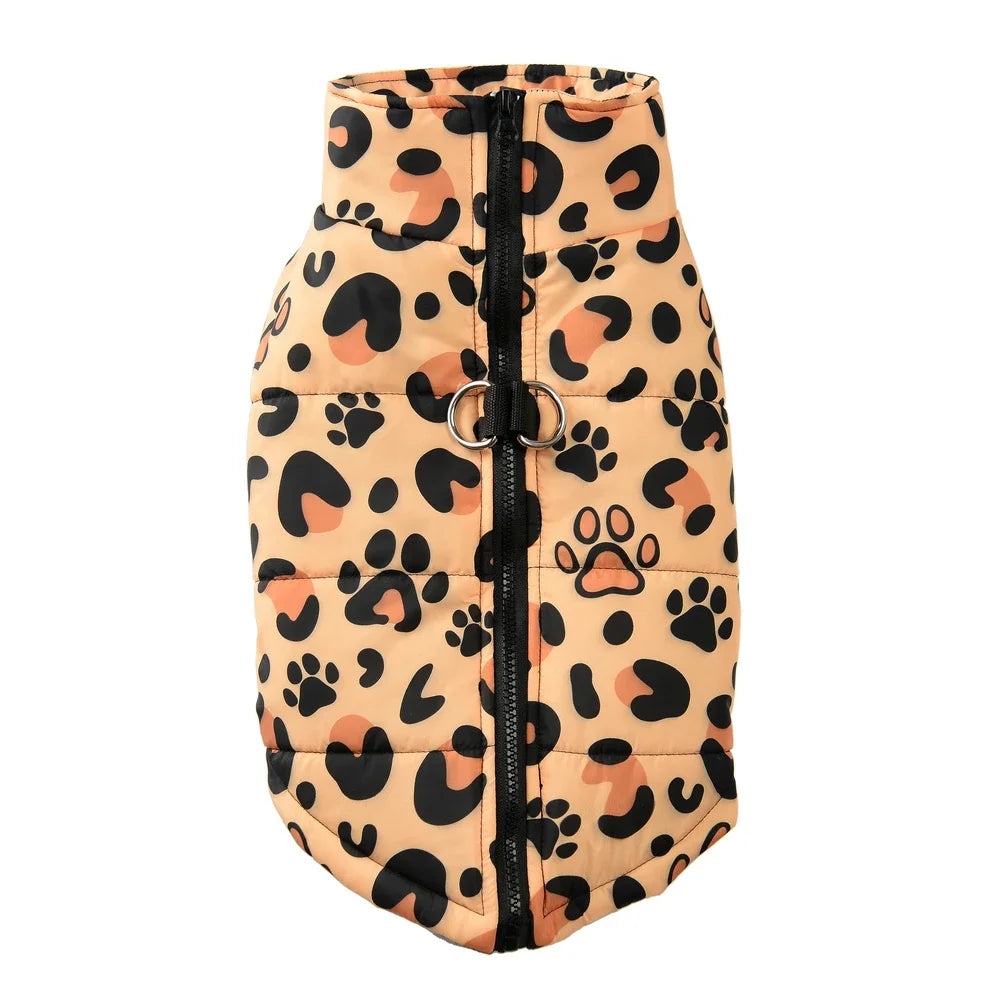 Leopard Print Winter Dog Jacket – Warm, Windproof & Stylish with D-Ring Design