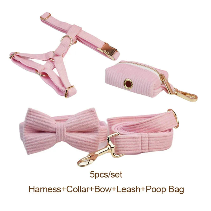 Pink Corduroy Personalized Dog Collar, Leash & Harness Set