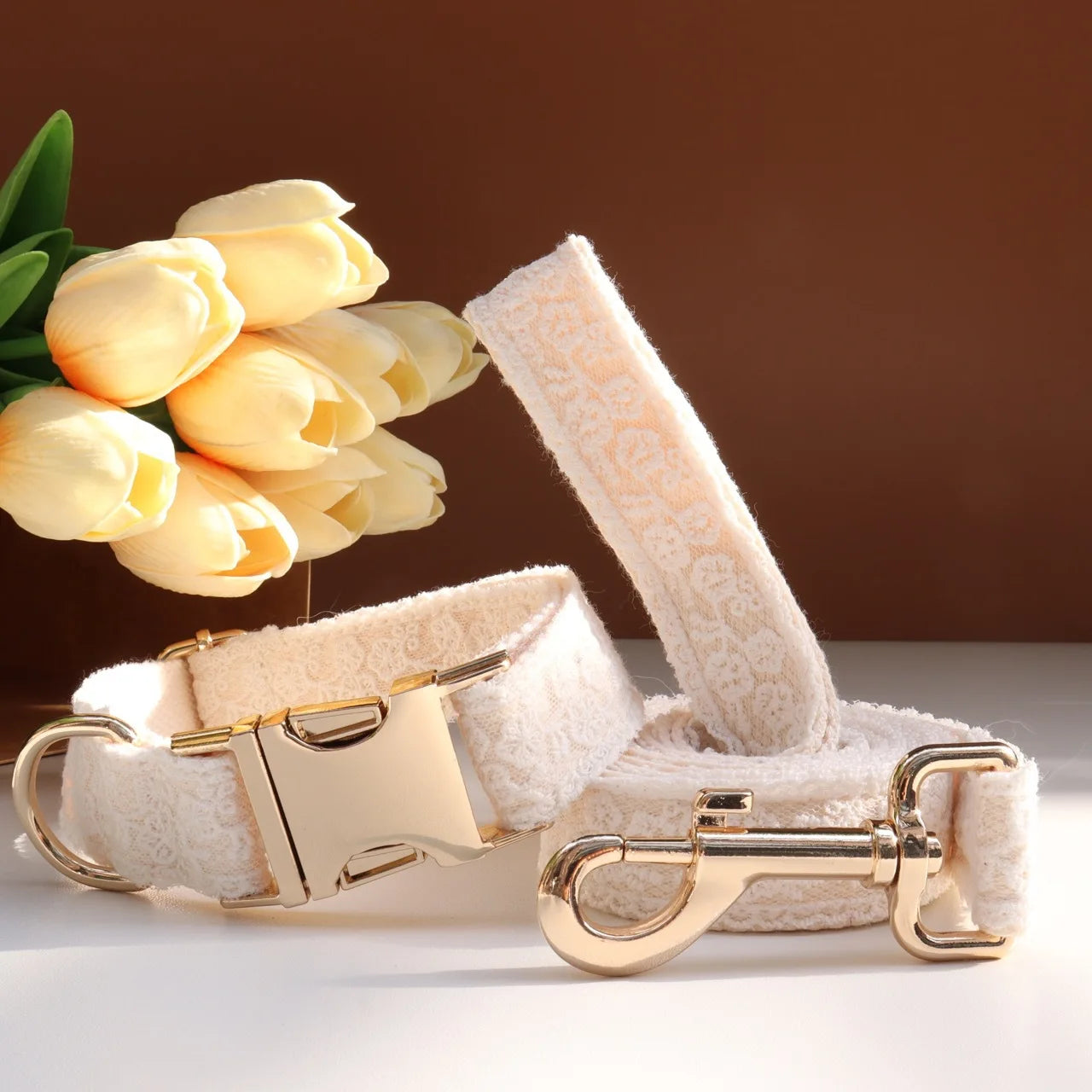 Luxury Pearl Personalized  Dog Collar and Leash Set, Lace Bowtie with Rhinestone Sparkle, Elegant Puppy Girl Pet Necklace