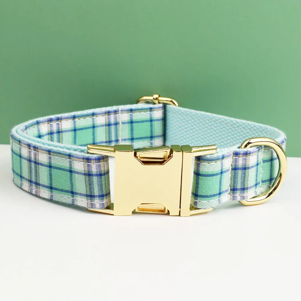 Lake Water Green Plaid Dog Collar Leash and Harness Set