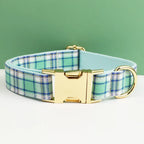 Lake Water Green Plaid Dog Collar Leash and Harness Set