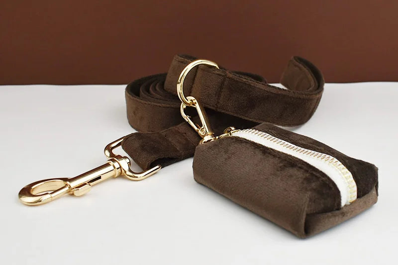 Dark Brown Velvet Personalized Dog Collar, Leash & Harness Set