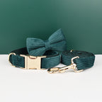 Dark green Corduroy Personalized Dog Collar, Leash & Harness Set