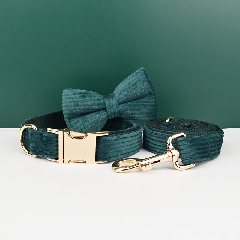 Dark green Corduroy Personalized Dog Collar, Leash & Harness Set
