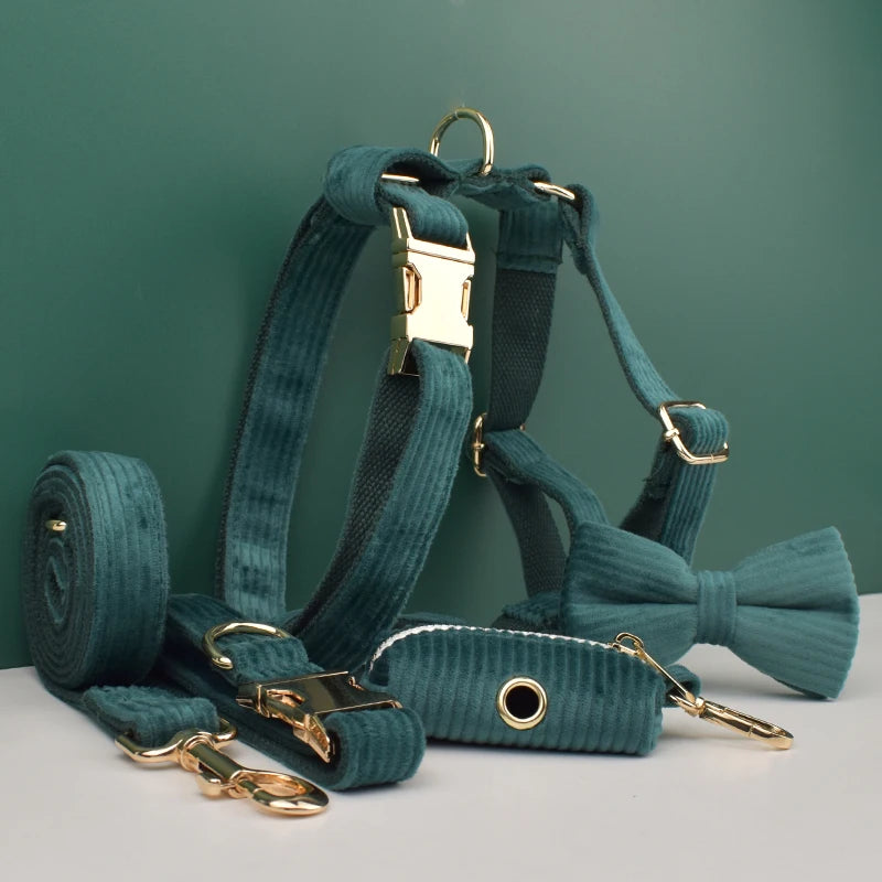 Dark green Corduroy Personalized Dog Collar, Leash & Harness Set