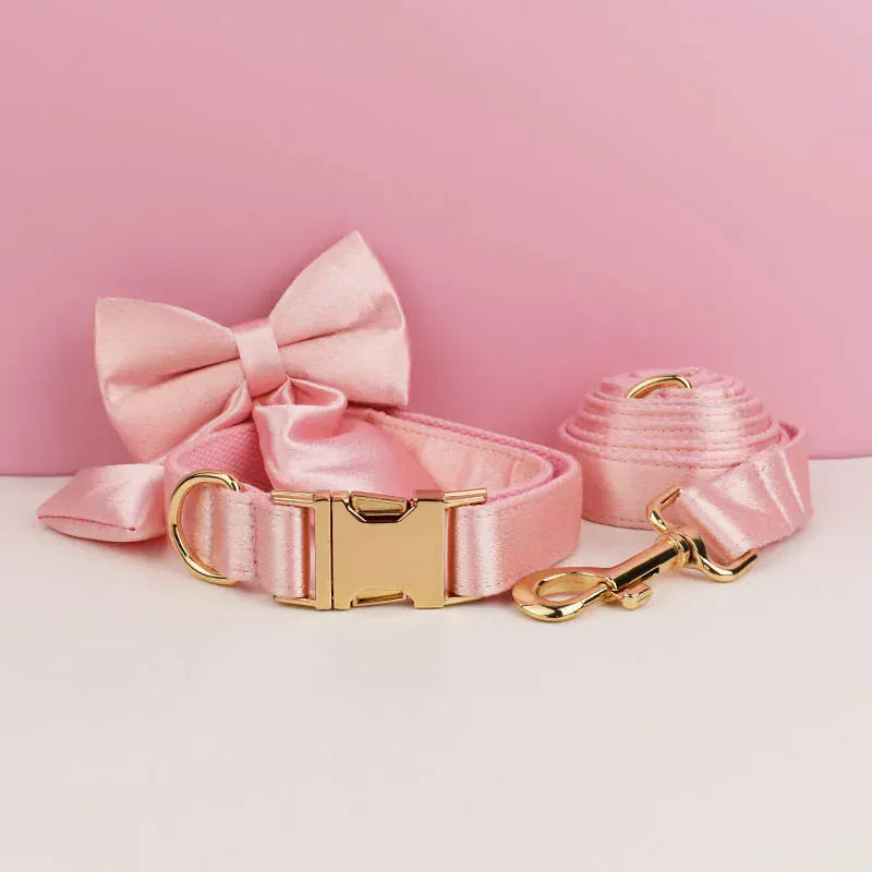 Satin Pink Wedding Dog Collar Leash Harness Set