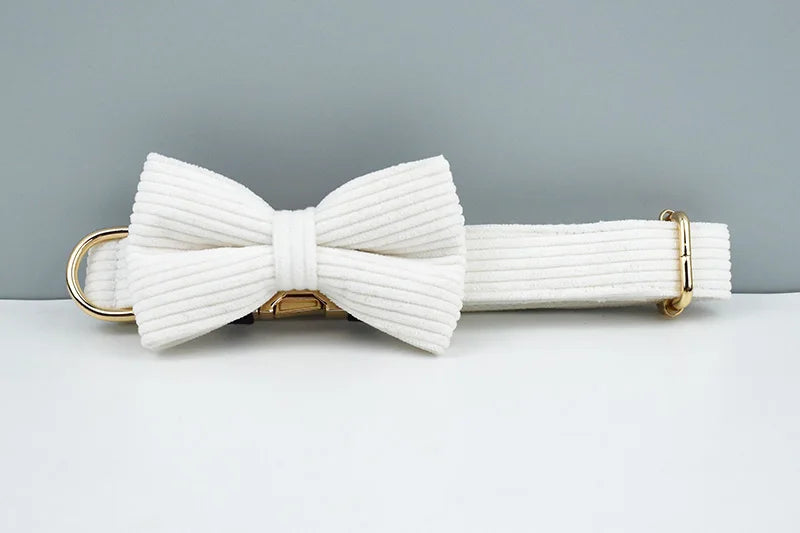 White Corduroy Personalized Dog Collar, Leash & Harness Set