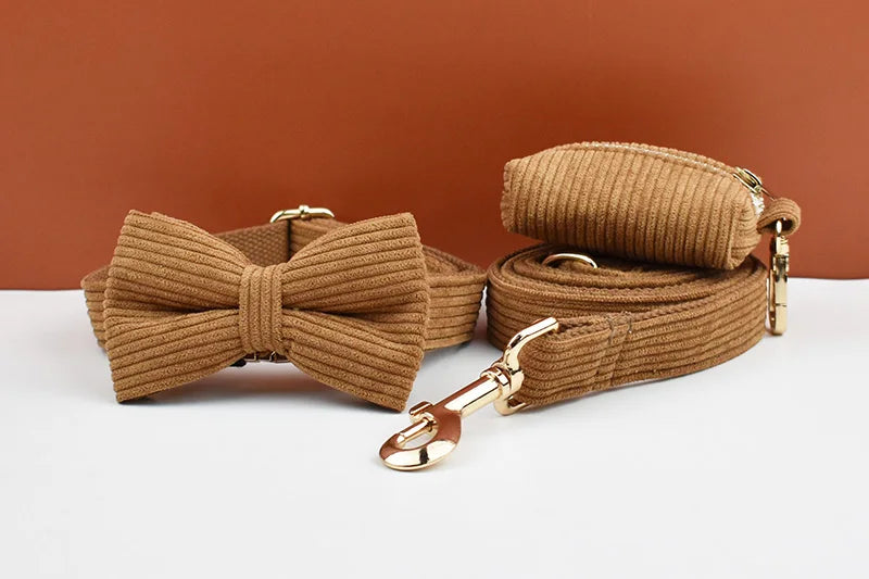 Caramel Corduroy Personalized Dog Collar, Leash & Harness Set