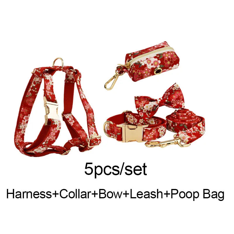 Customized Designer Red Soft Cotton Personalized Dog Collar Leashes Harness Bow Set Flowers