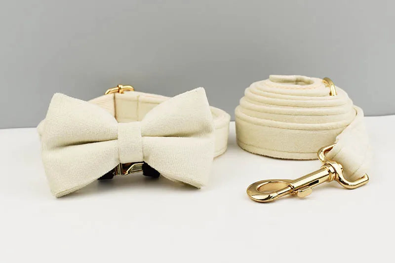 Milky White Velvet Personalized Dog Collar, Leash & Harness Set