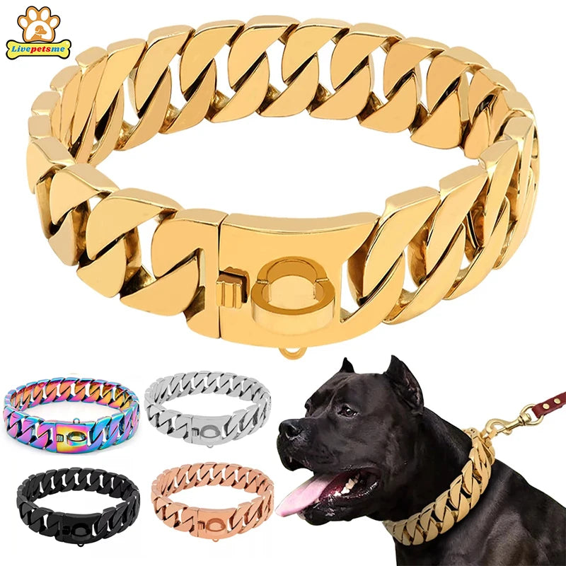 32MM Heavy-Duty Stainless Steel Dog Chain Collar – 18K Gold-Plated Choker for Large Dogs