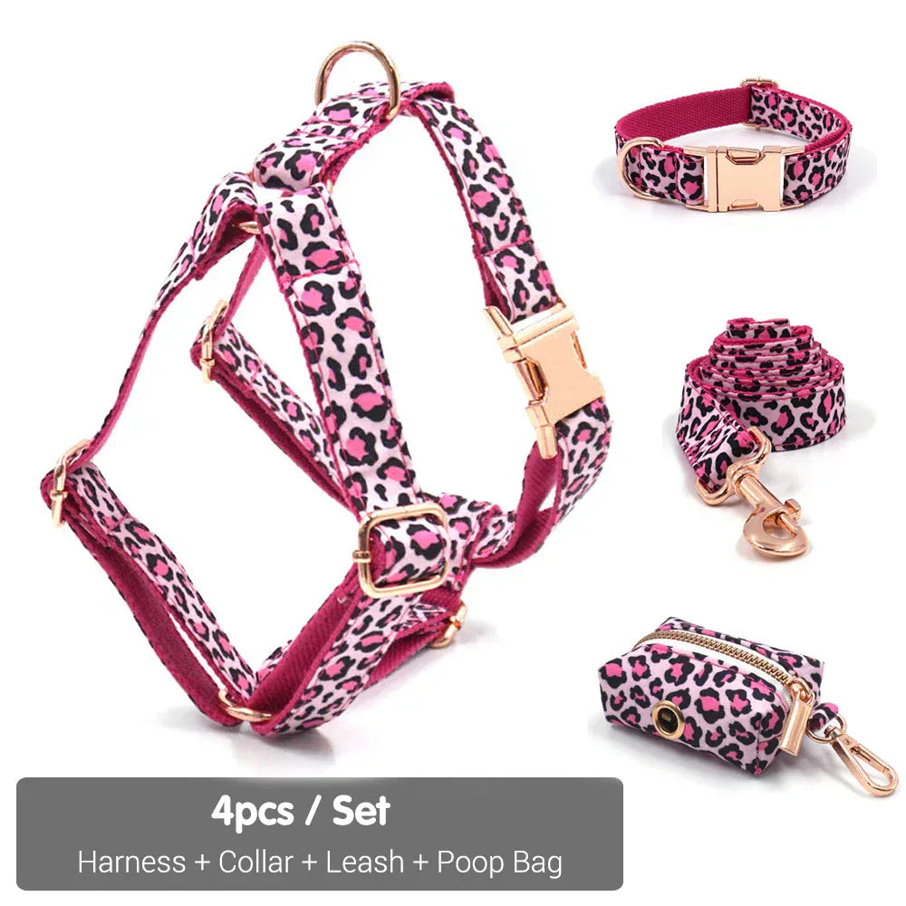 DDPaws  Collar + Harness + Leash + Bowtie / XS Pink Leopard Velvet Set