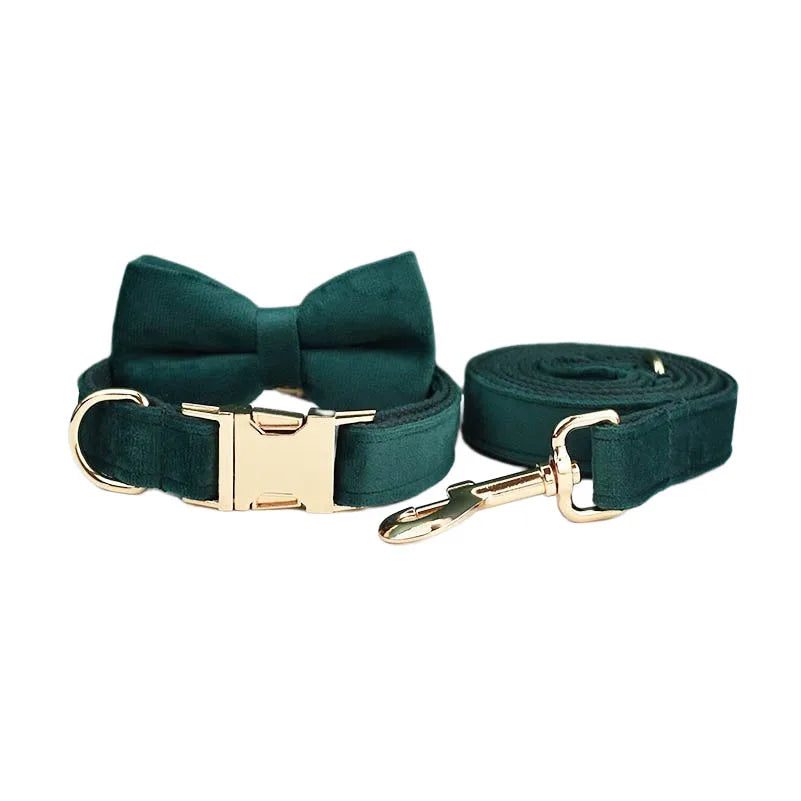 Green Velvet Personalized Dog Collar, Leash & Harness Set