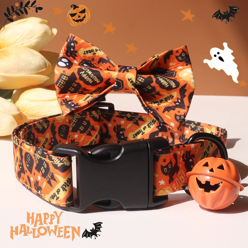 Luxury Small Dog Collar, Personalized Halloween Printed Cotton Collar, Organic Pattern with Rivet Decoration