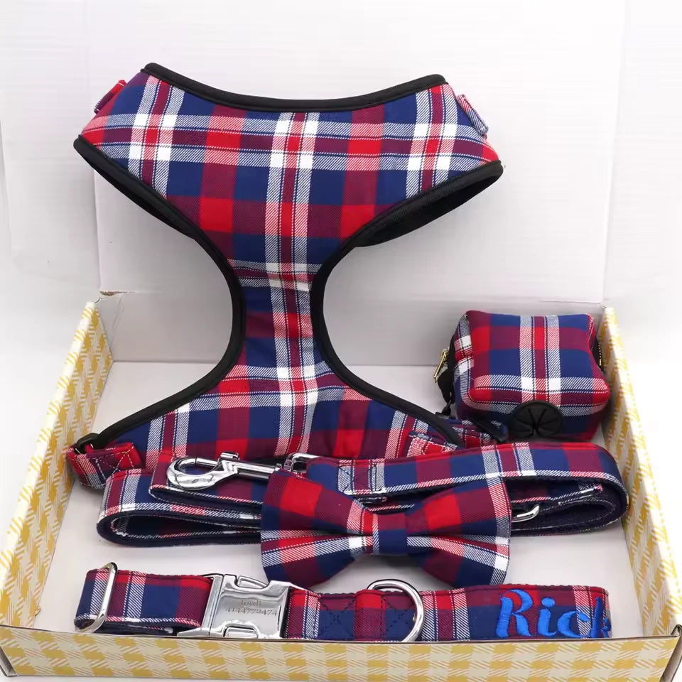 Designed Crimson Navy Plaid Dog Vest Set