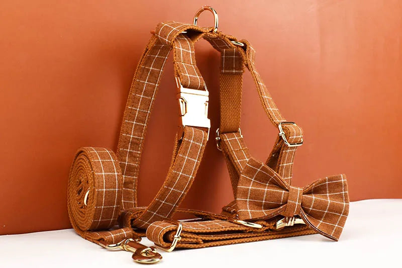 Brown Grid Personalized Dog Collar, Leash & Harness Set