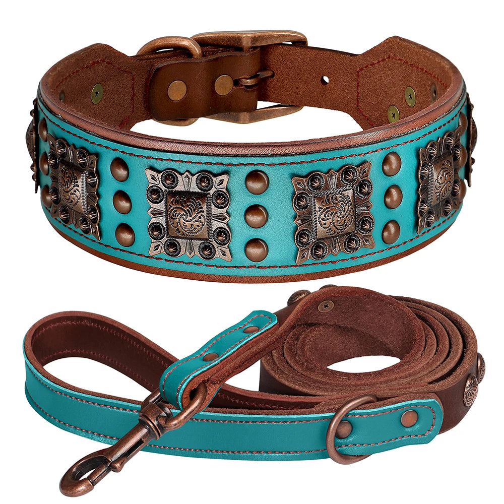 Real Leather Dog Collar & Leash Set – Durable Padded Luxury Design for Medium & Large Dogs