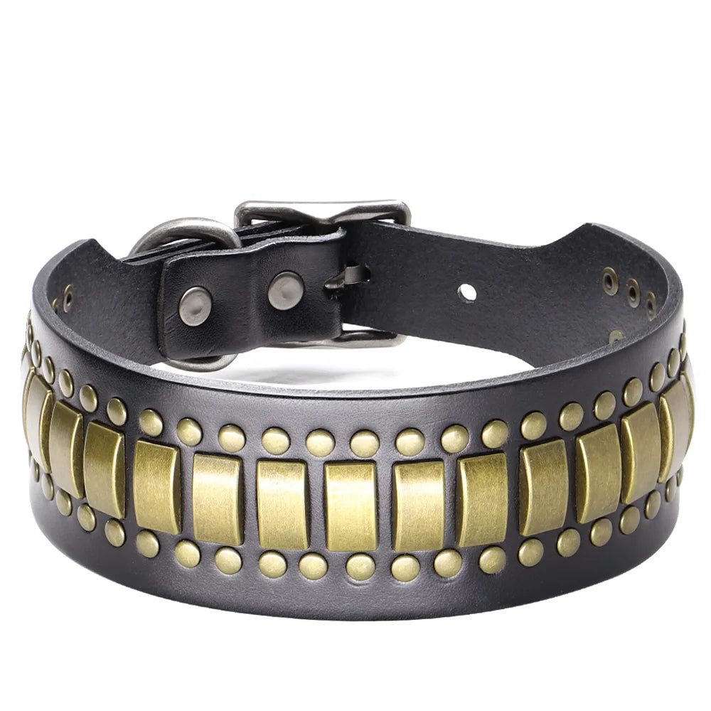 Genuine Leather Dog Collar – 2-Inch Wide Luxury Spike & Diamond Design for Medium & Large Dogs