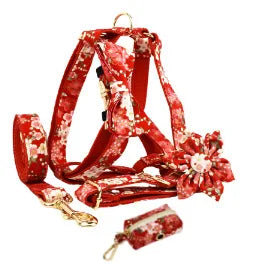 Personalized Floral Dog Harness and Leash Set, Puppy Bowtie Collar with Poop Bag, Cute Outdoor Pet Gift