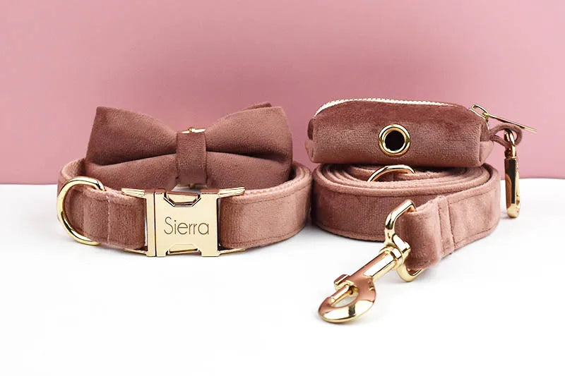 Pink Velvet Personalized Dog Collar, Leash & Harness Set