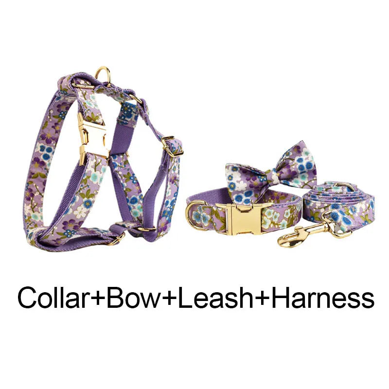 Purple Soft Cotton Personalized Dog Collar, Leash & Harness Set