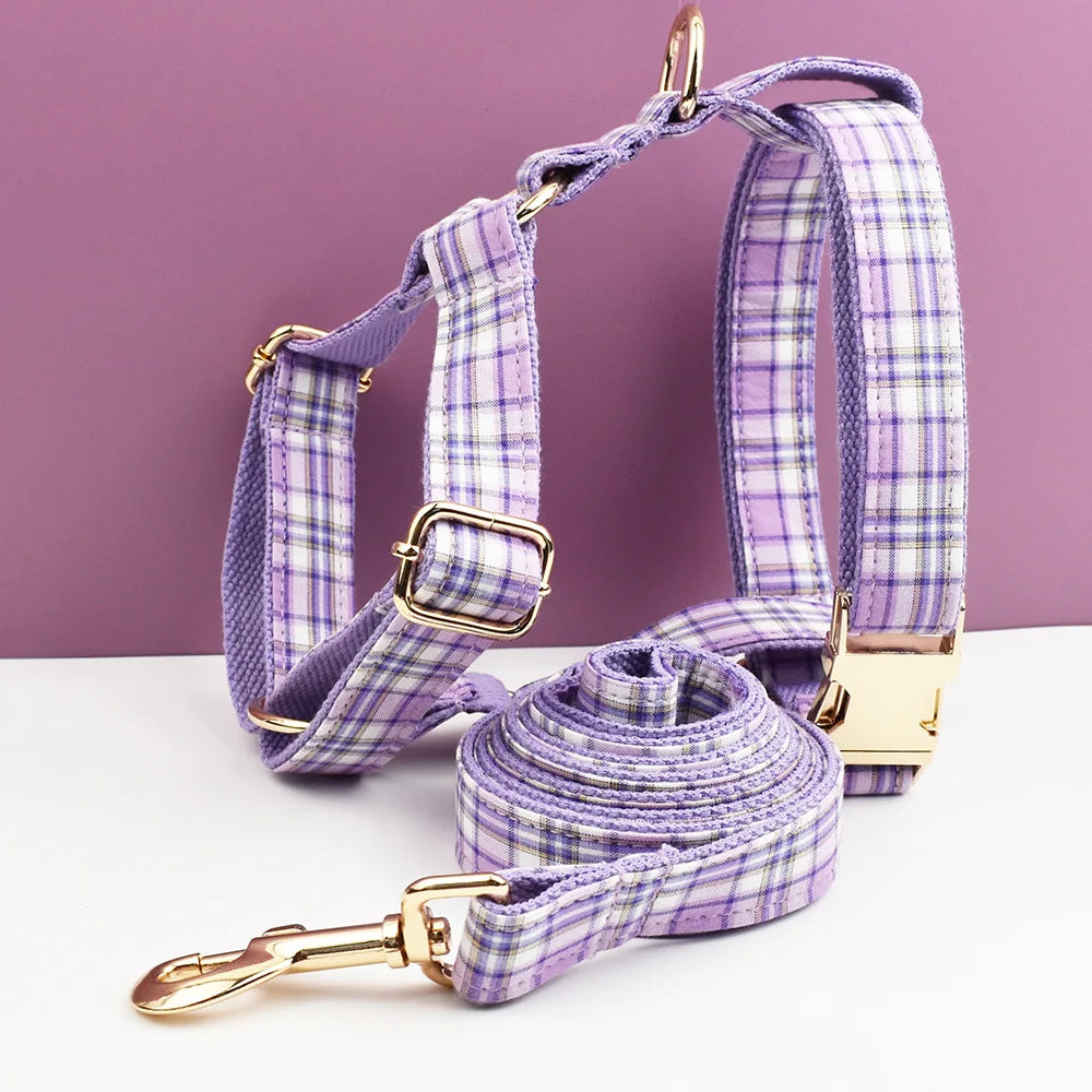 Multi Plaid Personalized Dog Bowtie Collar, Leash Set And Harness Set - Engravable Best Gift For Dog Lover
