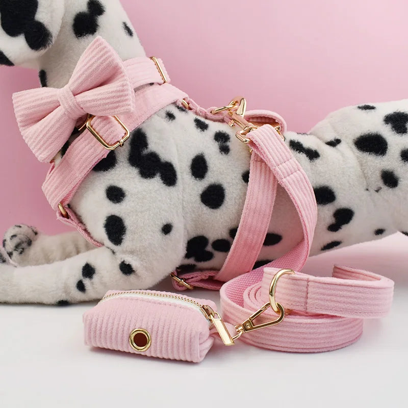 Pink Corduroy Personalized Dog Collar, Leash & Harness Set