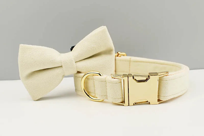Milky White Velvet Personalized Dog Collar, Leash & Harness Set
