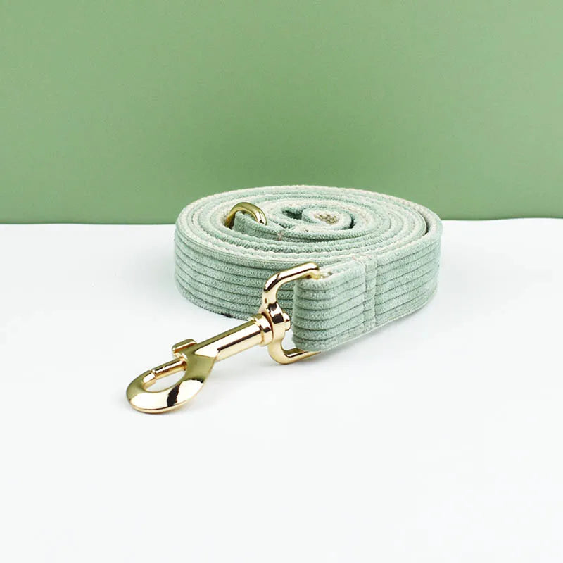 High Quality Light Green Corduroy Dog Collar, Harness & Leash Set – Personalized Engraved Nameplate, Padded