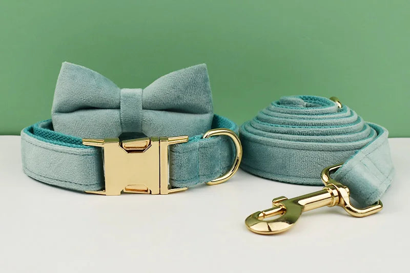 Green Velvet Personalized Dog Collar, Leash & Harness Set