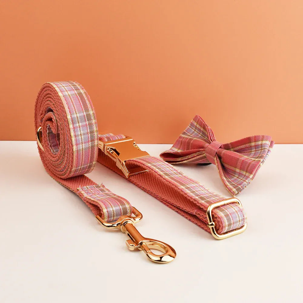 Engraved Plaid Pink Dog Collar Leash Harness Set