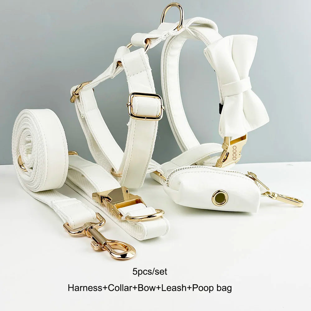 White Leather Personalized Dog Collar, Leash & Harness Set