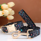 Personalized Print Floral Dog Collar Bowtie Leash Set