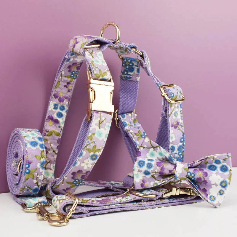 Purple Soft Cotton Personalized Dog Collar, Leash & Harness Set