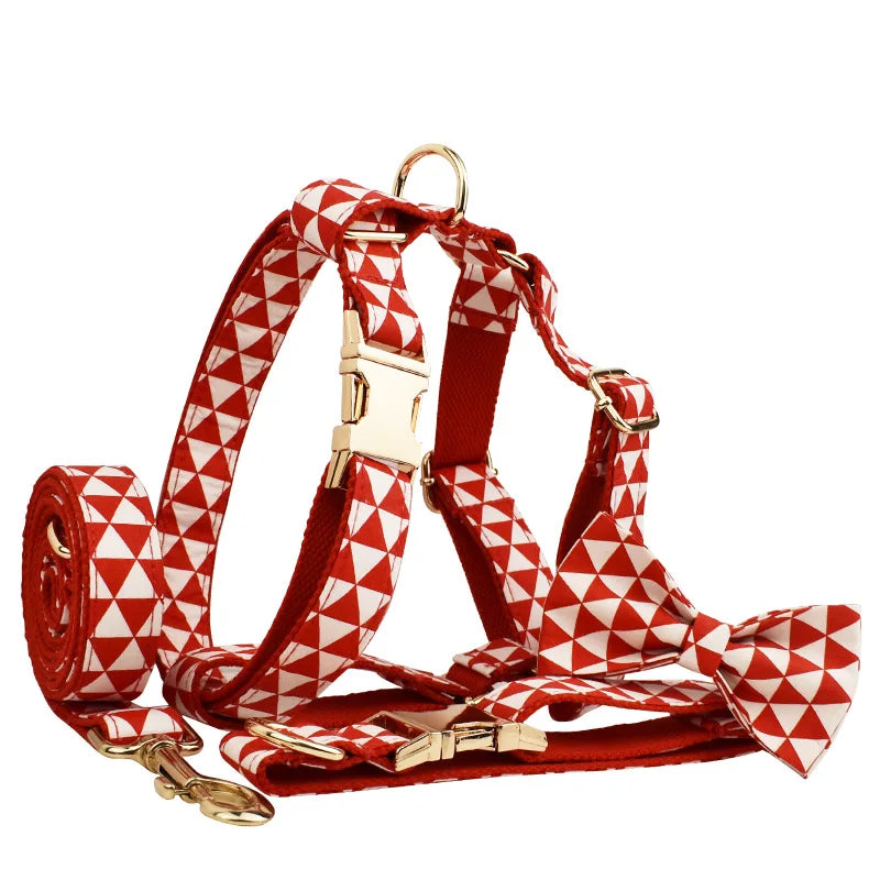 Personalized Floral Dog Harness and Leash Set, Puppy Bowtie Collar with Poop Bag, Cute Outdoor Pet Gift